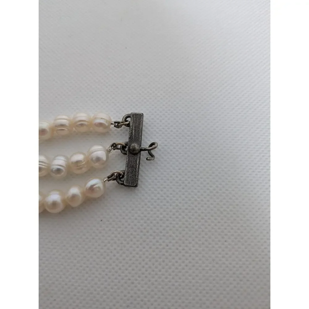 HALEY HILL SILVERTONE PEARL & RHINESTONE 3 STRAND BRACELET 1 1/2 X 7-9" - Picture 7 of 8